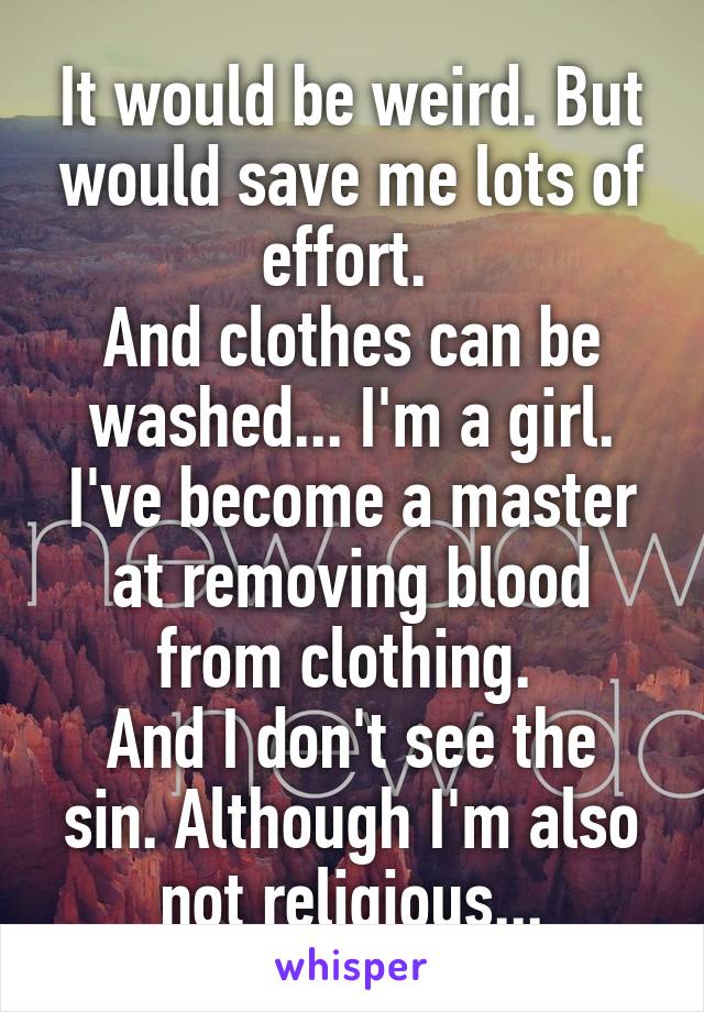 It would be weird. But would save me lots of effort. 
And clothes can be washed... I'm a girl. I've become a master at removing blood from clothing. 
And I don't see the sin. Although I'm also not religious...