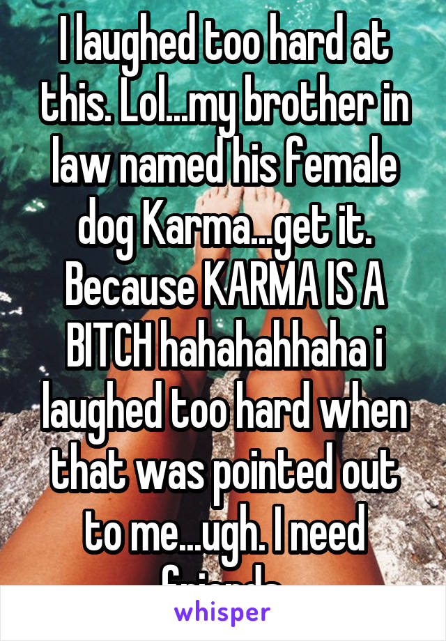 I laughed too hard at this. Lol...my brother in law named his female dog Karma...get it. Because KARMA IS A BITCH hahahahhaha i laughed too hard when that was pointed out to me...ugh. I need friends 