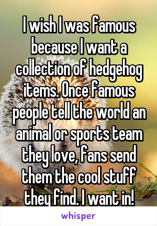 I wish I was famous because I want a collection of hedgehog items. Once famous people tell the world an animal or sports team they love, fans send them the cool stuff they find. I want in!