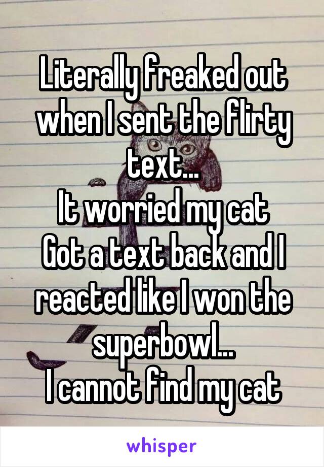 Literally freaked out when I sent the flirty text...
It worried my cat
Got a text back and I reacted like I won the superbowl...
I cannot find my cat