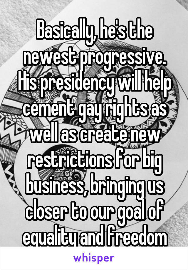 Basically, he's the newest progressive. His presidency will help cement gay rights as well as create new restrictions for big business, bringing us closer to our goal of equality and freedom