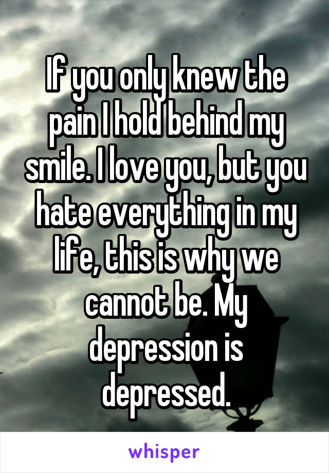 If you only knew the pain I hold behind my smile. I love you, but you hate everything in my life, this is why we cannot be. My depression is depressed.