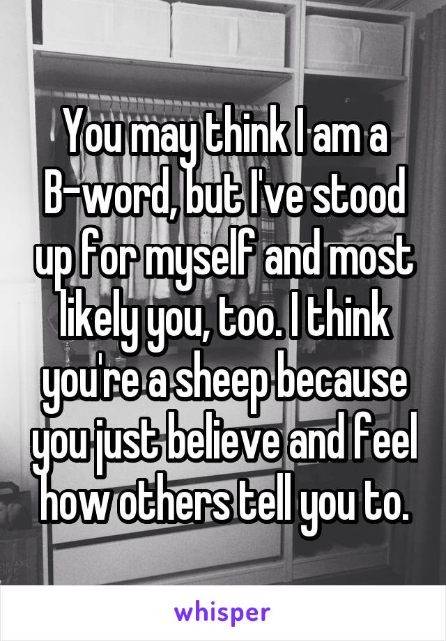 You may think I am a B-word, but I've stood up for myself and most likely you, too. I think you're a sheep because you just believe and feel how others tell you to.