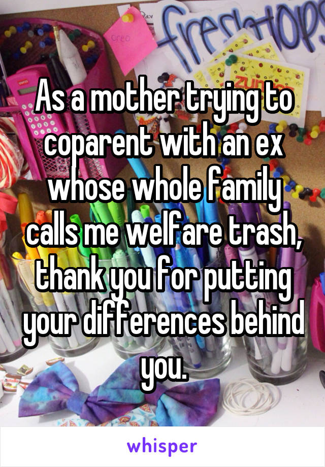 As a mother trying to coparent with an ex whose whole family calls me welfare trash, thank you for putting your differences behind you.
