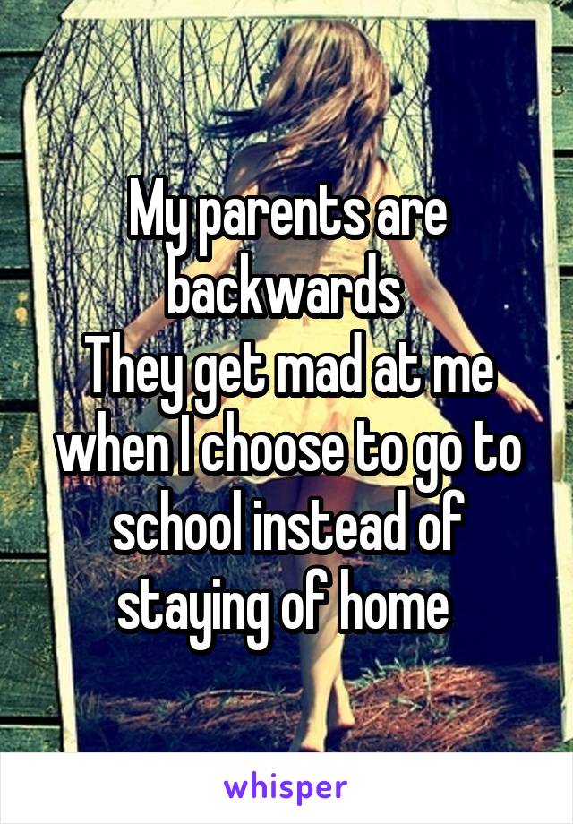 My parents are backwards 
They get mad at me when I choose to go to school instead of staying of home 