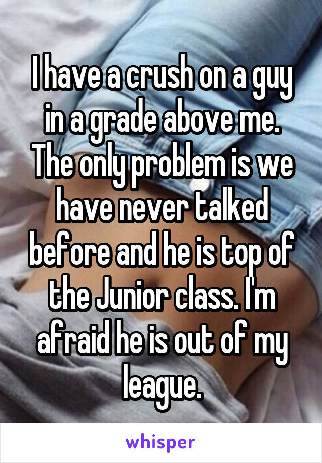 I have a crush on a guy in a grade above me. The only problem is we have never talked before and he is top of the Junior class. I'm afraid he is out of my league.