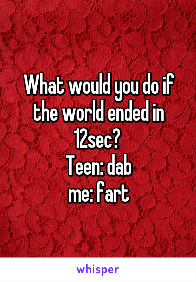What would you do if the world ended in 12sec? 
Teen: dab
me: fart