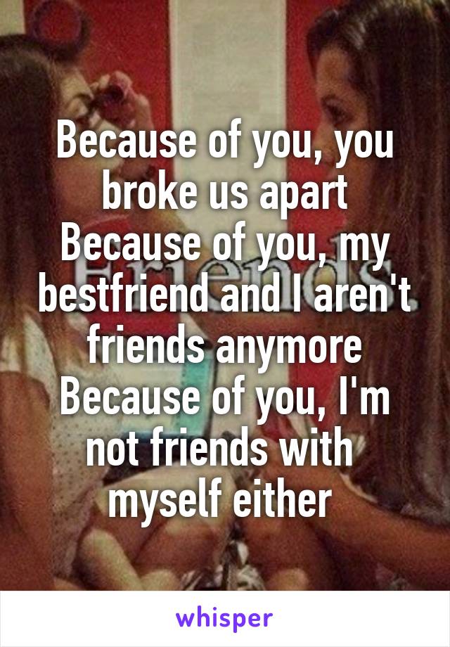 Because of you, you broke us apart
Because of you, my bestfriend and I aren't friends anymore
Because of you, I'm not friends with  myself either 