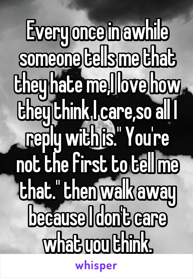 Every once in awhile someone tells me that they hate me,I love how they think I care,so all I reply with is." You're not the first to tell me that." then walk away because I don't care what you think.