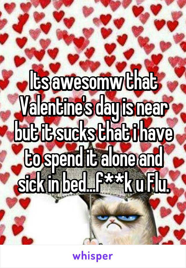Its awesomw that Valentine's day is near but it sucks that i have to spend it alone and sick in bed...f**k u Flu.
