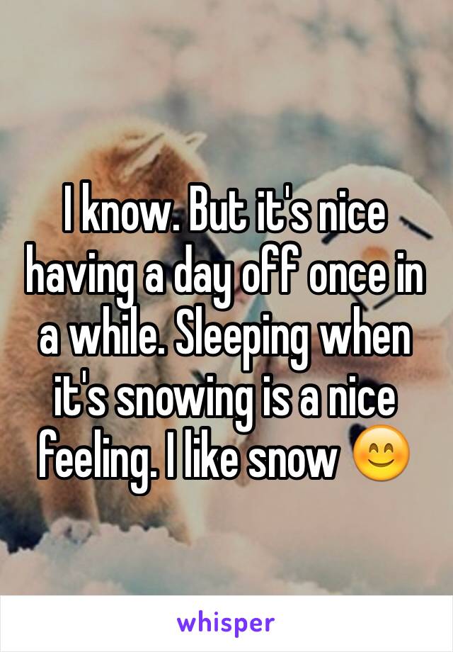 I know. But it's nice having a day off once in a while. Sleeping when it's snowing is a nice feeling. I like snow 😊 