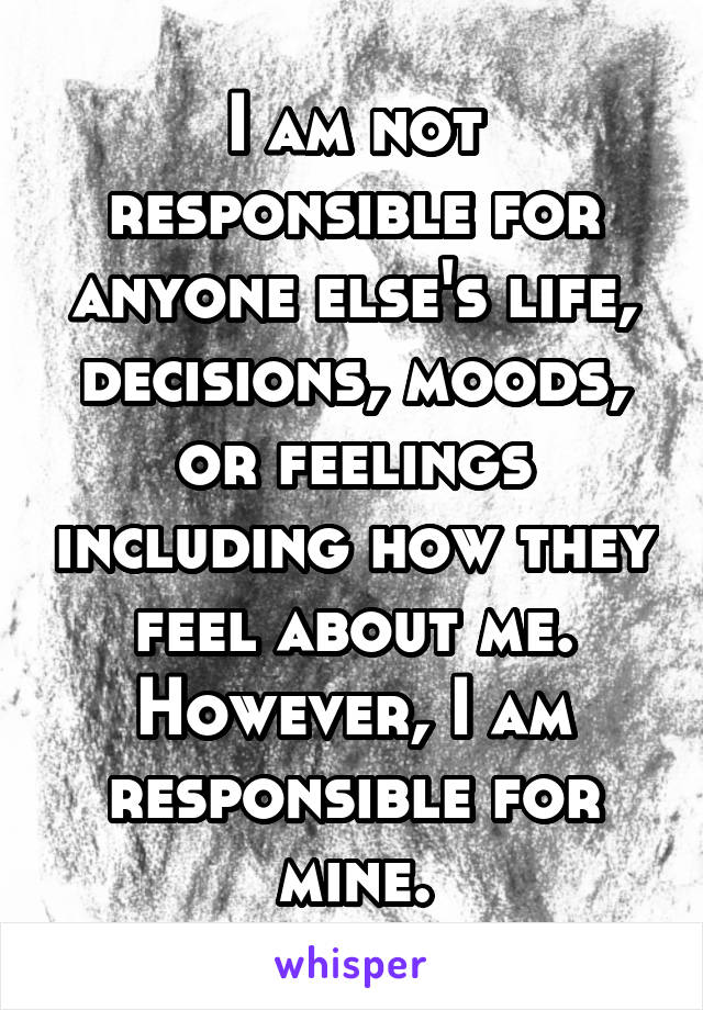 I am not responsible for anyone else's life, decisions, moods, or feelings including how they feel about me.
However, I am responsible for mine.