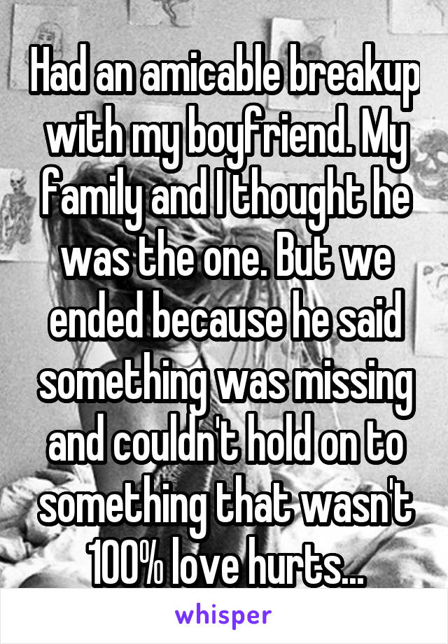 Had an amicable breakup with my boyfriend. My family and I thought he was the one. But we ended because he said something was missing and couldn't hold on to something that wasn't 100% love hurts...