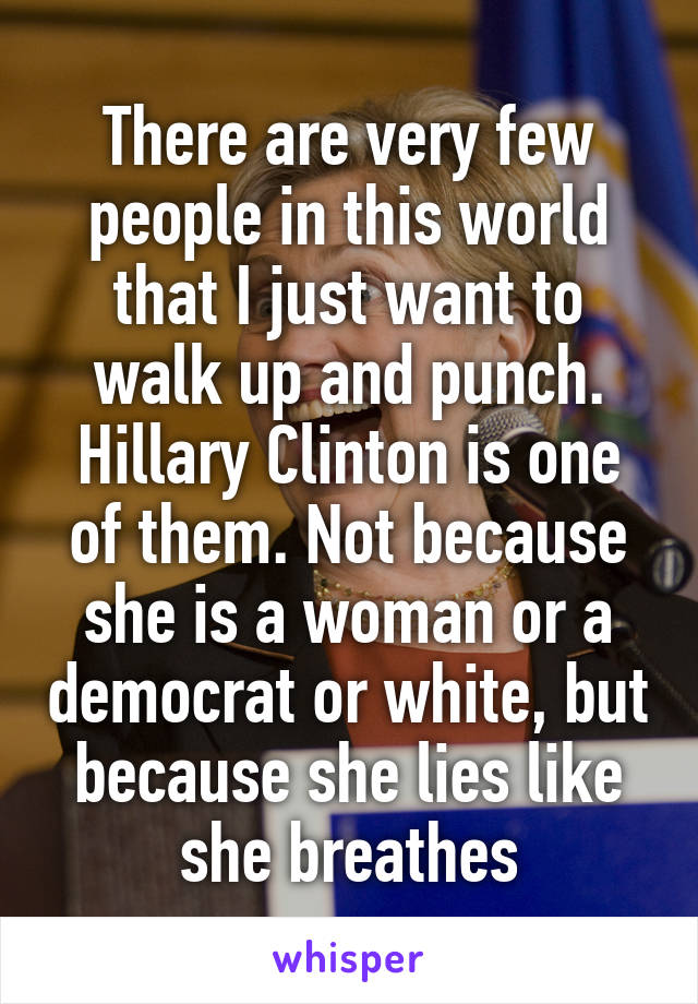 There are very few people in this world that I just want to walk up and punch. Hillary Clinton is one of them. Not because she is a woman or a democrat or white, but because she lies like she breathes