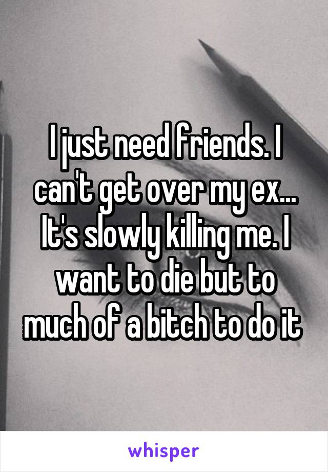 I just need friends. I can't get over my ex... It's slowly killing me. I want to die but to much of a bitch to do it 