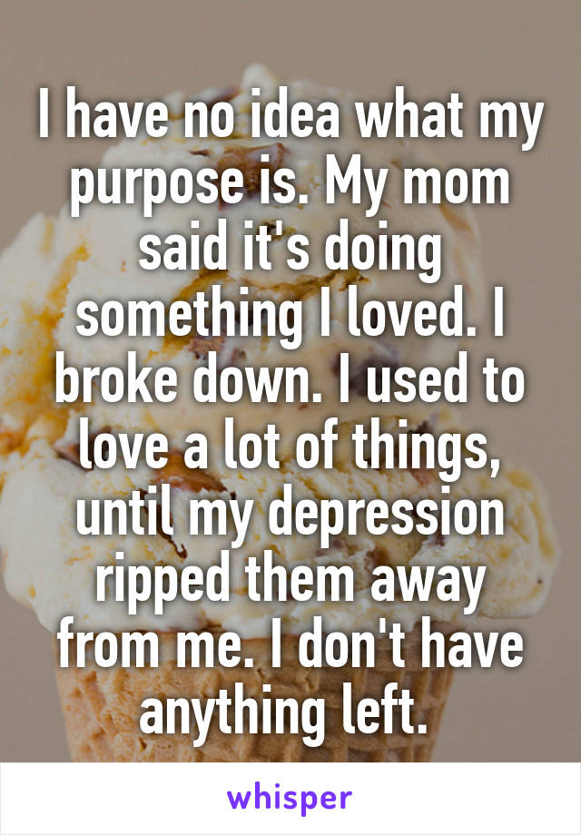 I have no idea what my purpose is. My mom said it's doing something I loved. I broke down. I used to love a lot of things, until my depression ripped them away from me. I don't have anything left. 