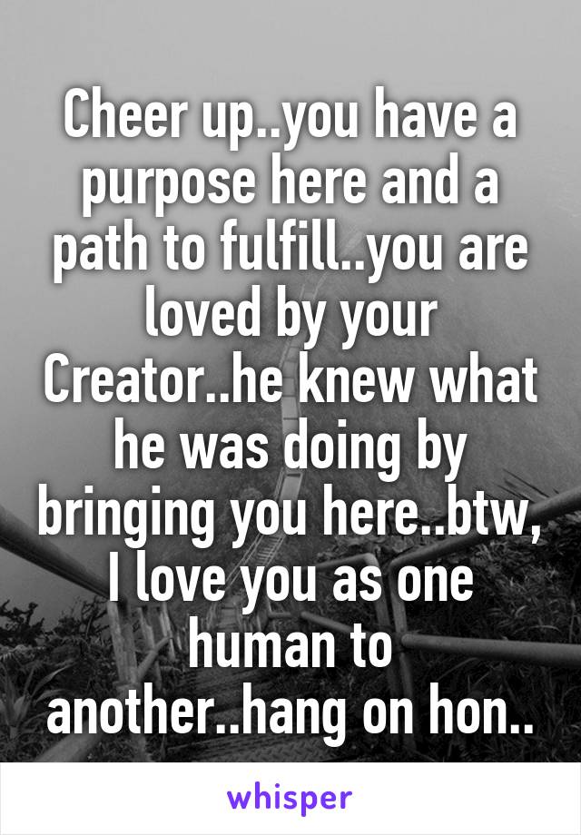 Cheer up..you have a purpose here and a path to fulfill..you are loved by your Creator..he knew what he was doing by bringing you here..btw, I love you as one human to another..hang on hon..