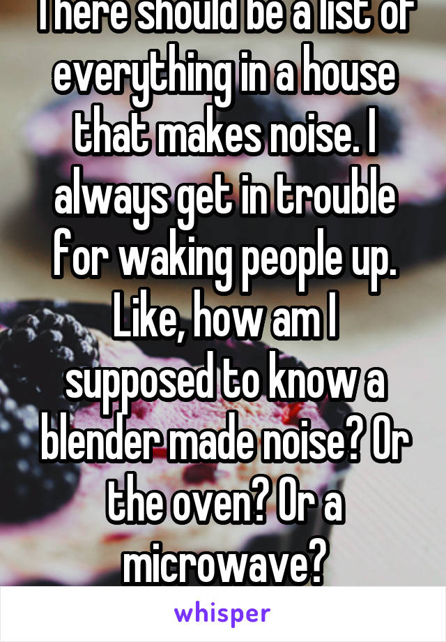 There should be a list of everything in a house that makes noise. I always get in trouble for waking people up.
Like, how am I supposed to know a blender made noise? Or the oven? Or a microwave?
17f