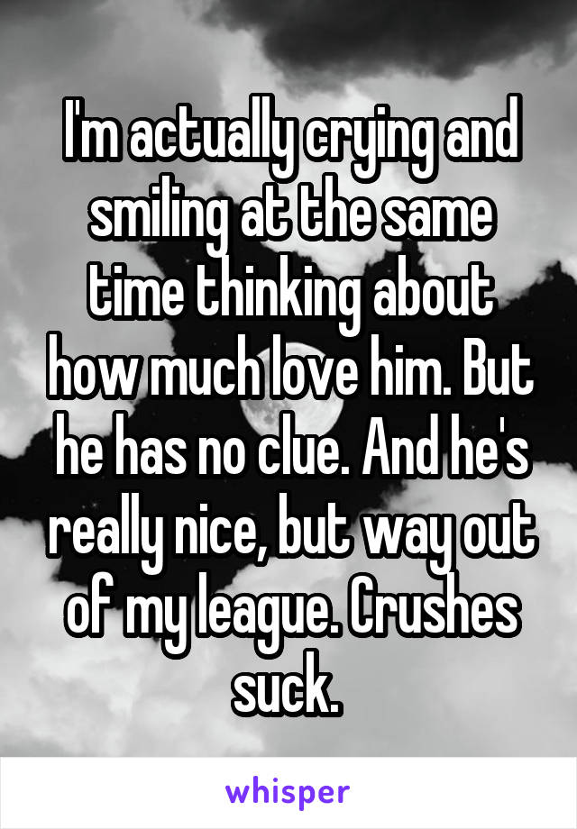 I'm actually crying and smiling at the same time thinking about how much love him. But he has no clue. And he's really nice, but way out of my league. Crushes suck. 