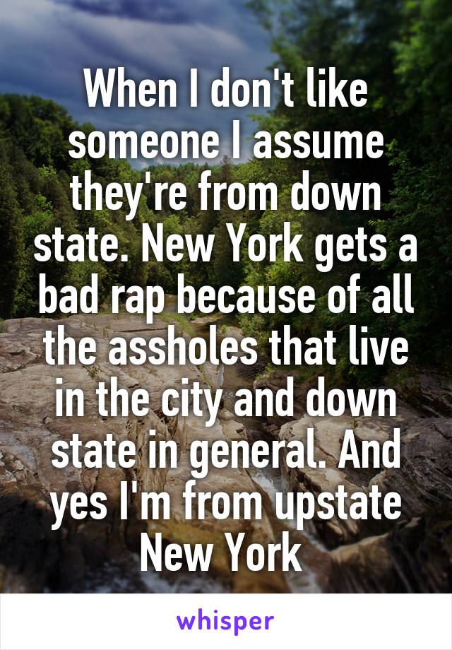 When I don't like someone I assume they're from down state. New York gets a bad rap because of all the assholes that live in the city and down state in general. And yes I'm from upstate New York 