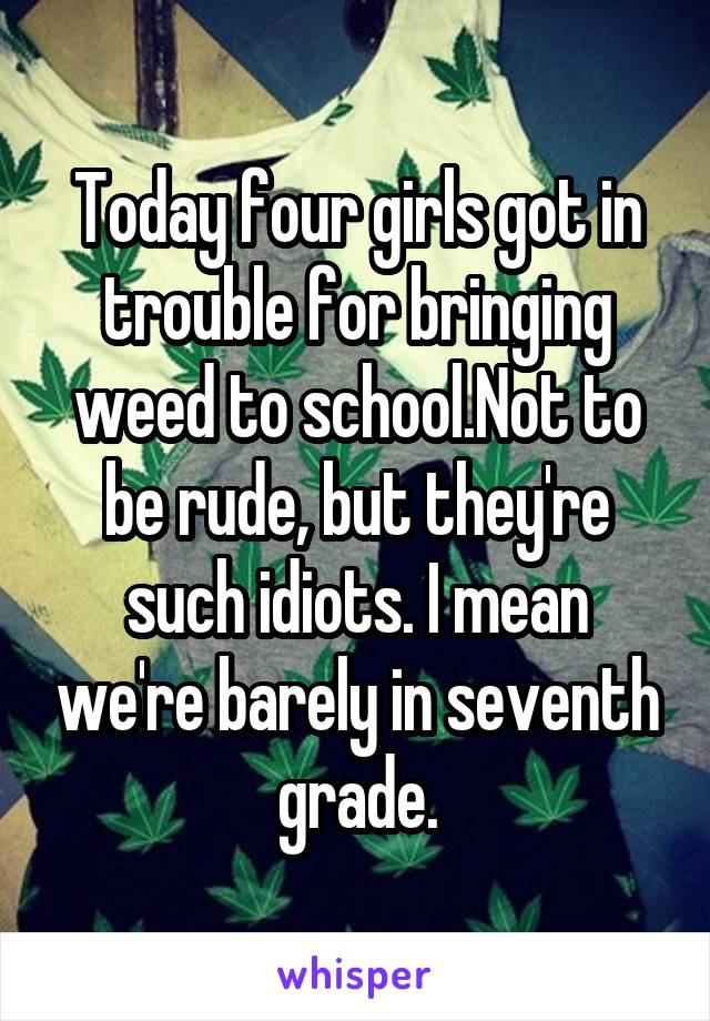 Today four girls got in trouble for bringing weed to school.Not to be rude, but they're such idiots. I mean we're barely in seventh grade.