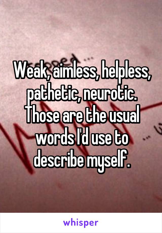 Weak, aimless, helpless, pathetic, neurotic.
Those are the usual words I'd use to describe myself.