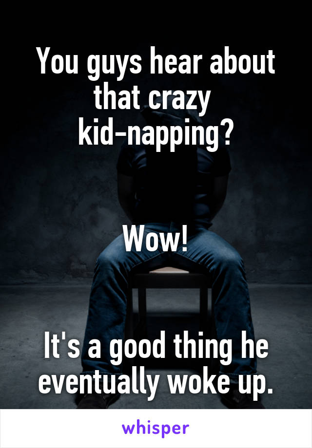 You guys hear about that crazy 
kid-napping?


Wow!


It's a good thing he eventually woke up.