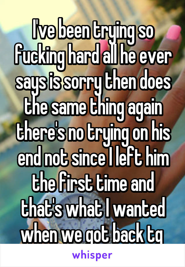 I've been trying so fucking hard all he ever says is sorry then does the same thing again there's no trying on his end not since I left him the first time and that's what I wanted when we got back tg 