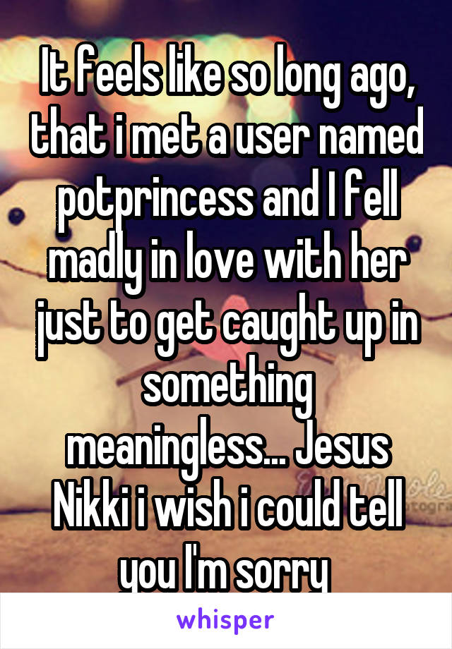 It feels like so long ago, that i met a user named potprincess and I fell madly in love with her just to get caught up in something meaningless... Jesus Nikki i wish i could tell you I'm sorry 