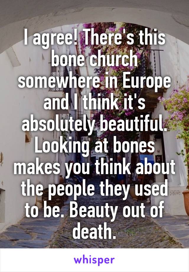 I agree! There's this bone church somewhere in Europe and I think it's absolutely beautiful. Looking at bones makes you think about the people they used to be. Beauty out of death.
