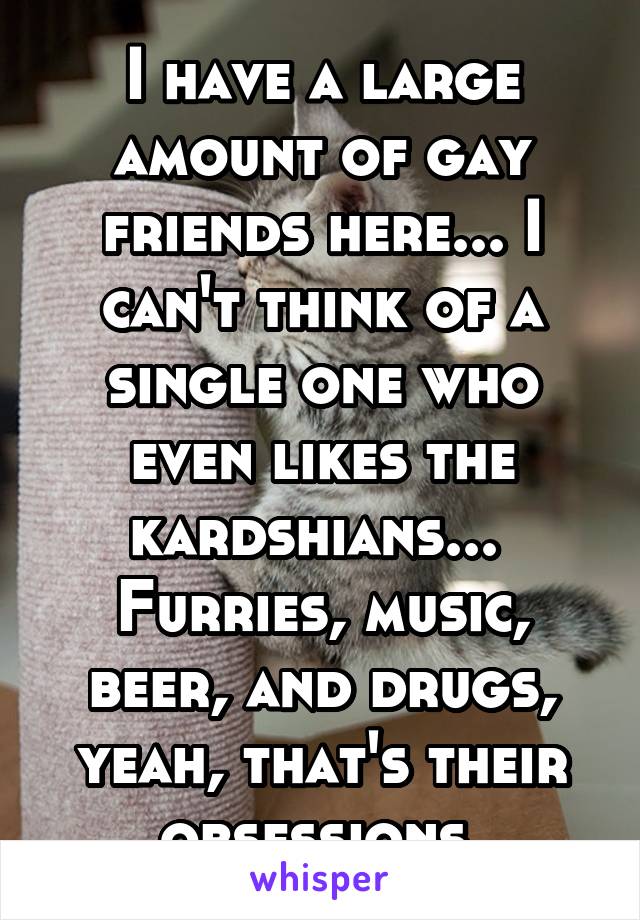 I have a large amount of gay friends here... I can't think of a single one who even likes the kardshians... 
Furries, music, beer, and drugs, yeah, that's their obsessions.
