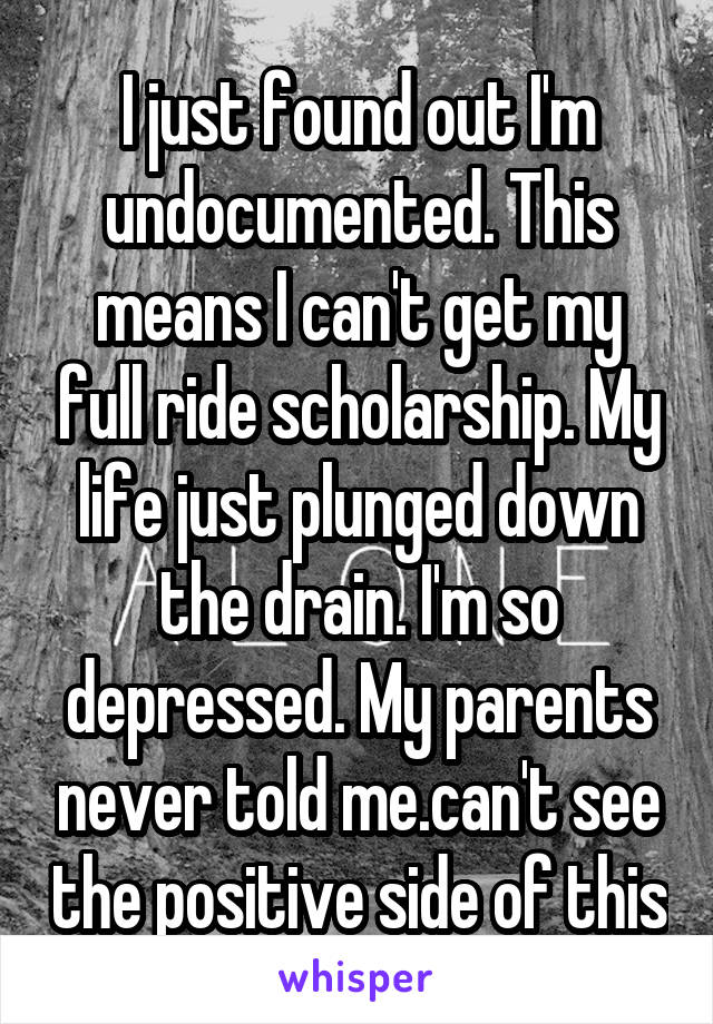 I just found out I'm undocumented. This means I can't get my full ride scholarship. My life just plunged down the drain. I'm so depressed. My parents never told me.can't see the positive side of this
