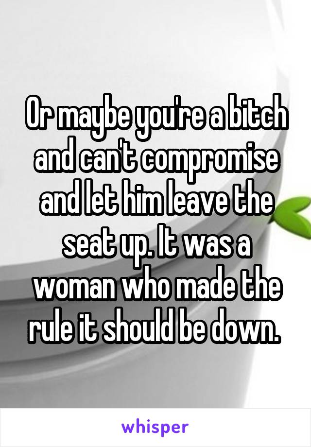 Or maybe you're a bitch and can't compromise and let him leave the seat up. It was a woman who made the rule it should be down. 
