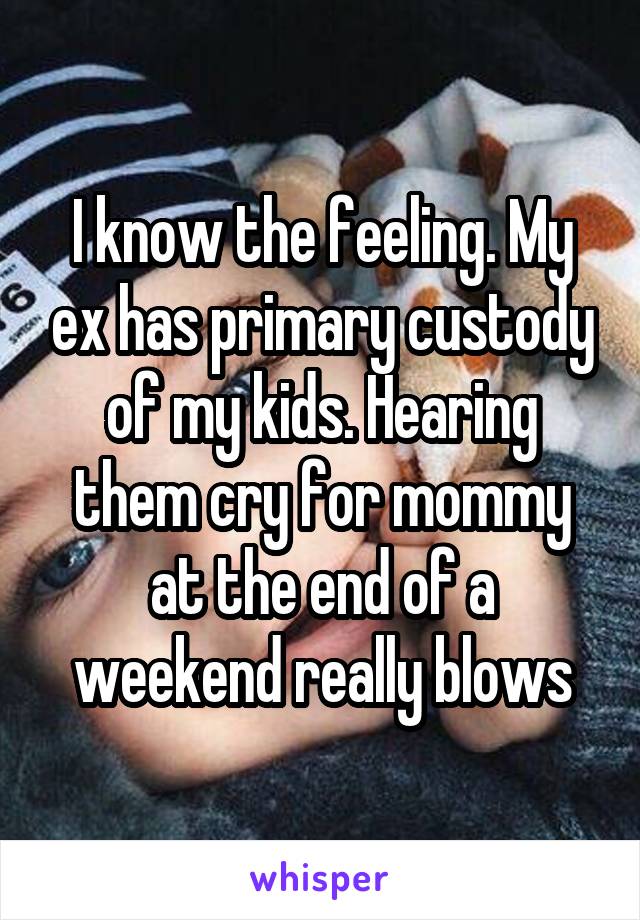 I know the feeling. My ex has primary custody of my kids. Hearing them cry for mommy at the end of a weekend really blows