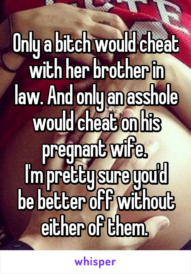 Only a bitch would cheat with her brother in law. And only an asshole would cheat on his pregnant wife. 
I'm pretty sure you'd be better off without either of them. 