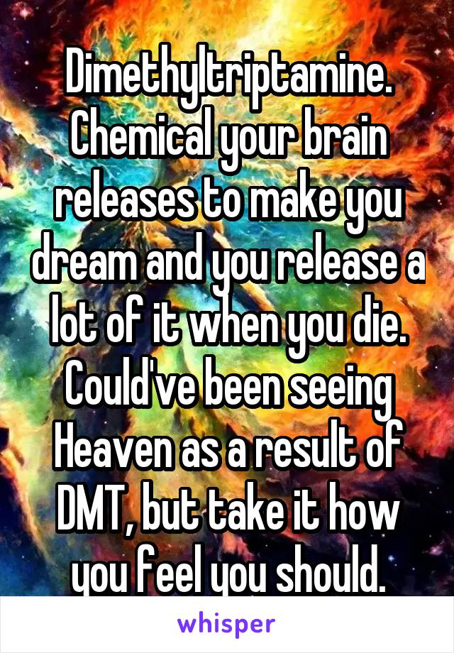 Dimethyltriptamine. Chemical your brain releases to make you dream and you release a lot of it when you die. Could've been seeing Heaven as a result of DMT, but take it how you feel you should.
