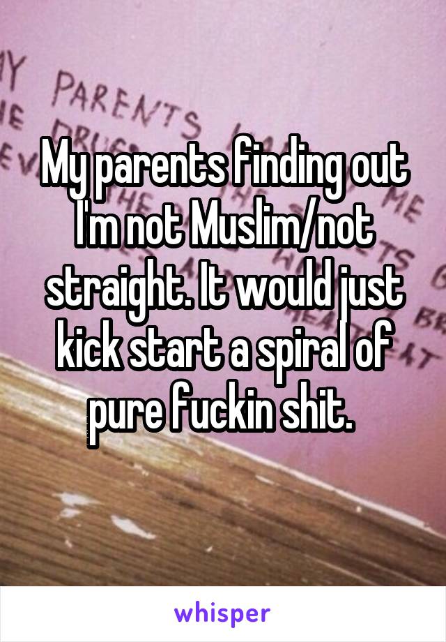 My parents finding out I'm not Muslim/not straight. It would just kick start a spiral of pure fuckin shit. 
