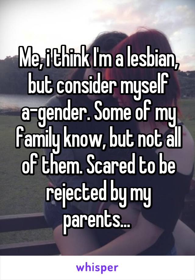 Me, i think I'm a lesbian, but consider myself a-gender. Some of my family know, but not all of them. Scared to be rejected by my parents... 