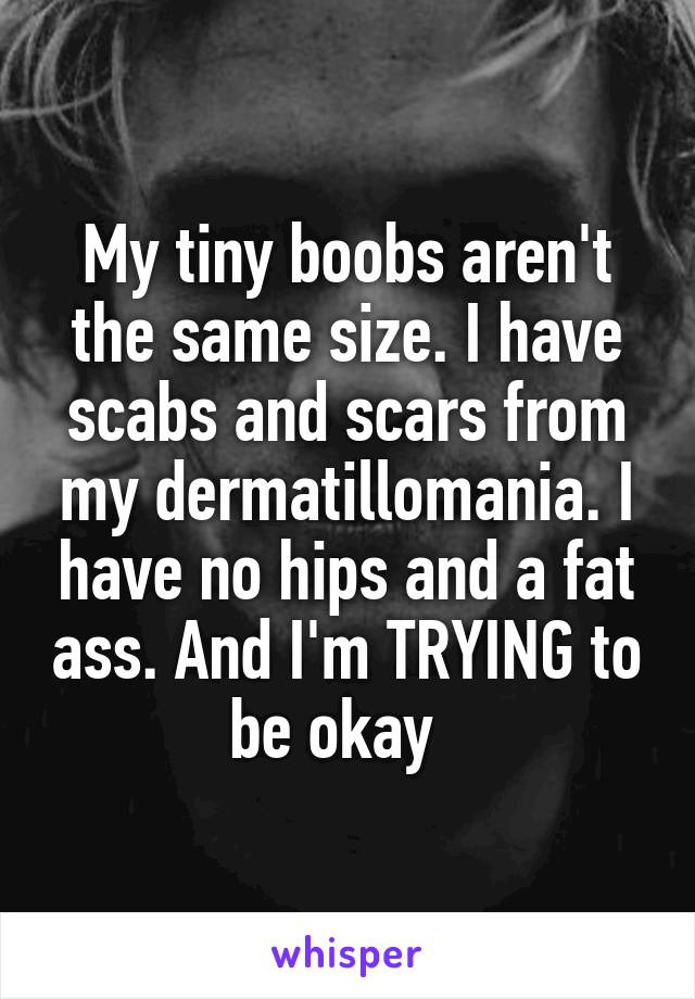 My tiny boobs aren't the same size. I have scabs and scars from my dermatillomania. I have no hips and a fat ass. And I'm TRYING to be okay  