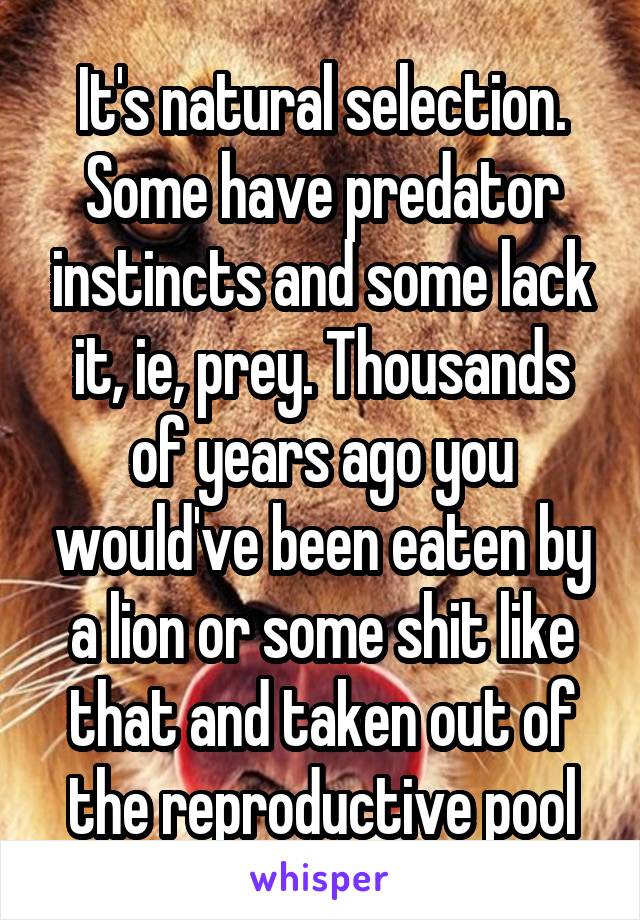 It's natural selection. Some have predator instincts and some lack it, ie, prey. Thousands of years ago you would've been eaten by a lion or some shit like that and taken out of the reproductive pool