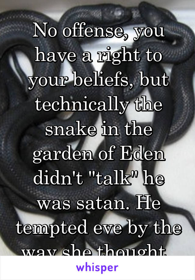 No offense, you have a right to your beliefs, but technically the snake in the garden of Eden didn't "talk" he was satan. He tempted eve by the way she thought. 