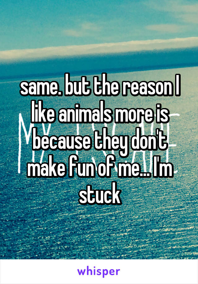 same. but the reason I like animals more is because they don't make fun of me... I'm stuck
