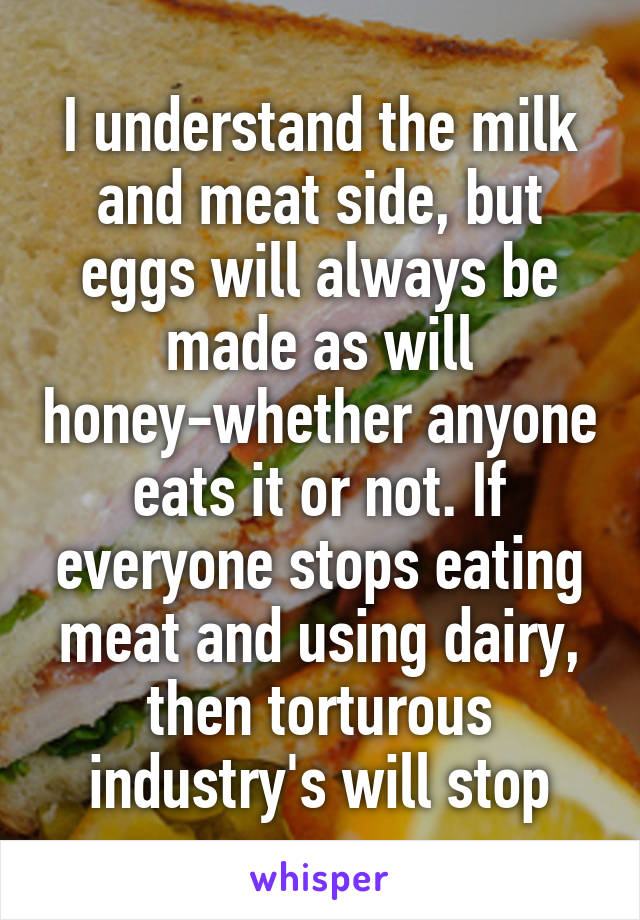 I understand the milk and meat side, but eggs will always be made as will honey-whether anyone eats it or not. If everyone stops eating meat and using dairy, then torturous industry's will stop
