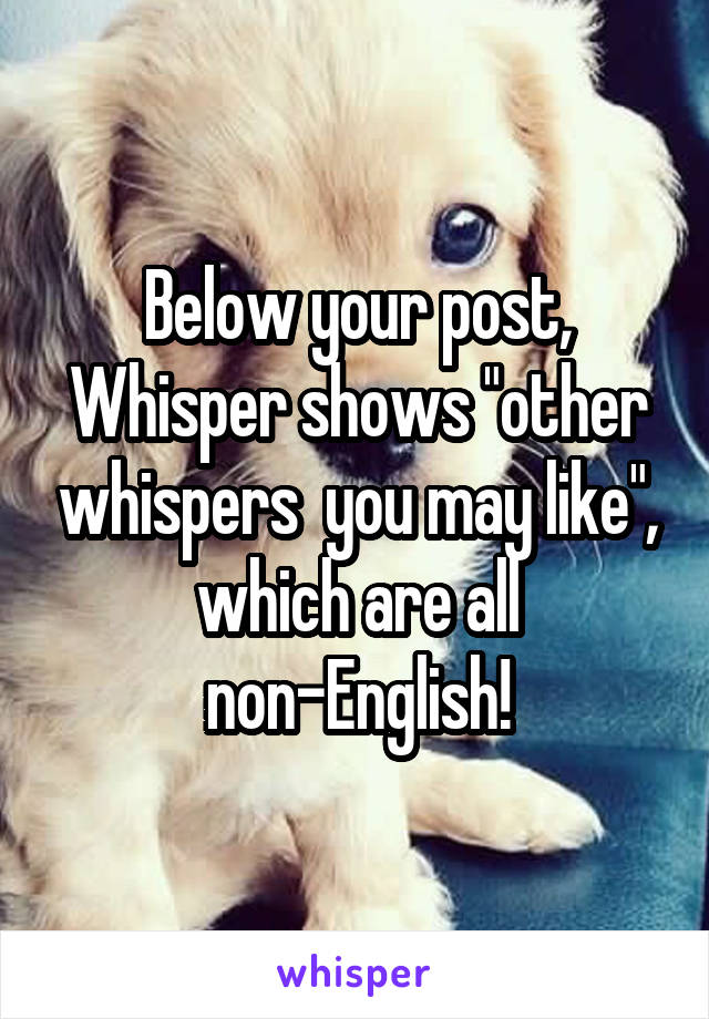 Below your post, Whisper shows "other whispers  you may like", which are all non-English!