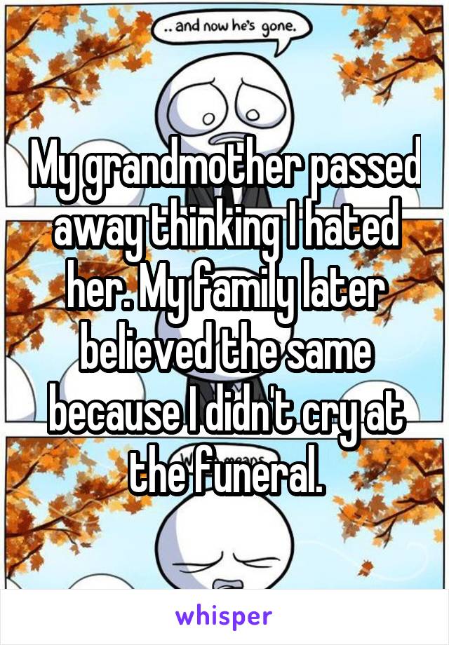 My grandmother passed away thinking I hated her. My family later believed the same because I didn't cry at the funeral.