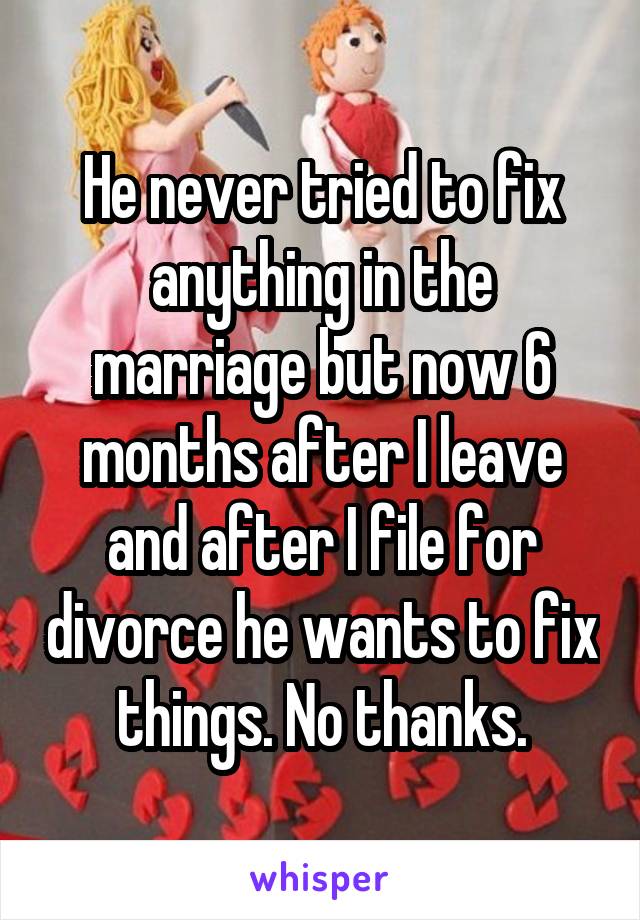 He never tried to fix anything in the marriage but now 6 months after I leave and after I file for divorce he wants to fix things. No thanks.