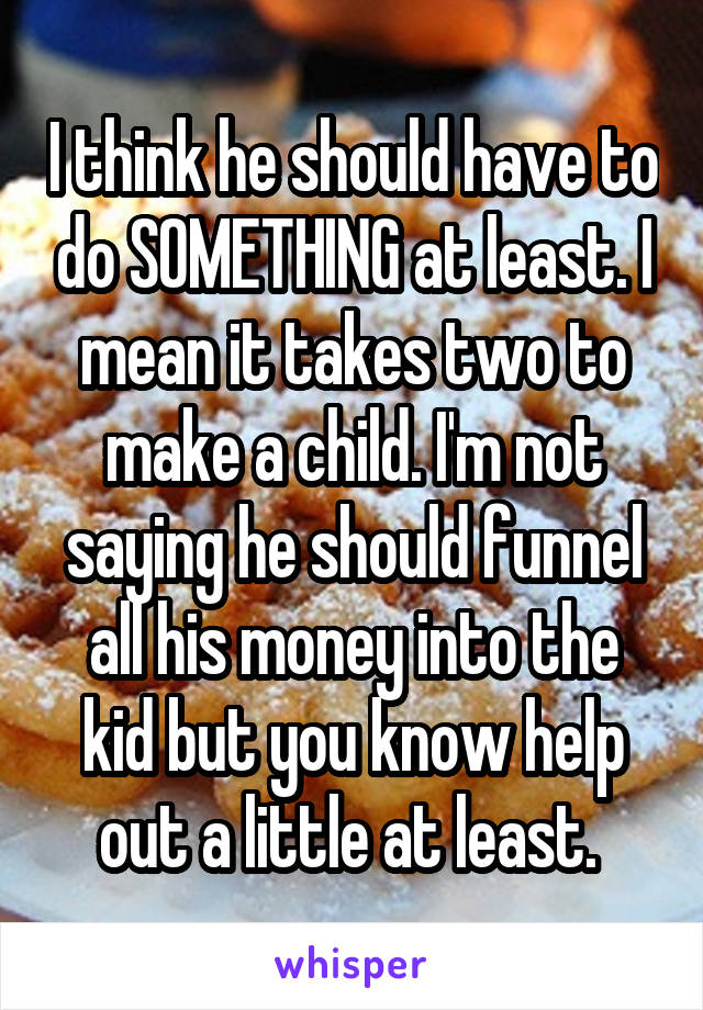 I think he should have to do SOMETHING at least. I mean it takes two to make a child. I'm not saying he should funnel all his money into the kid but you know help out a little at least. 