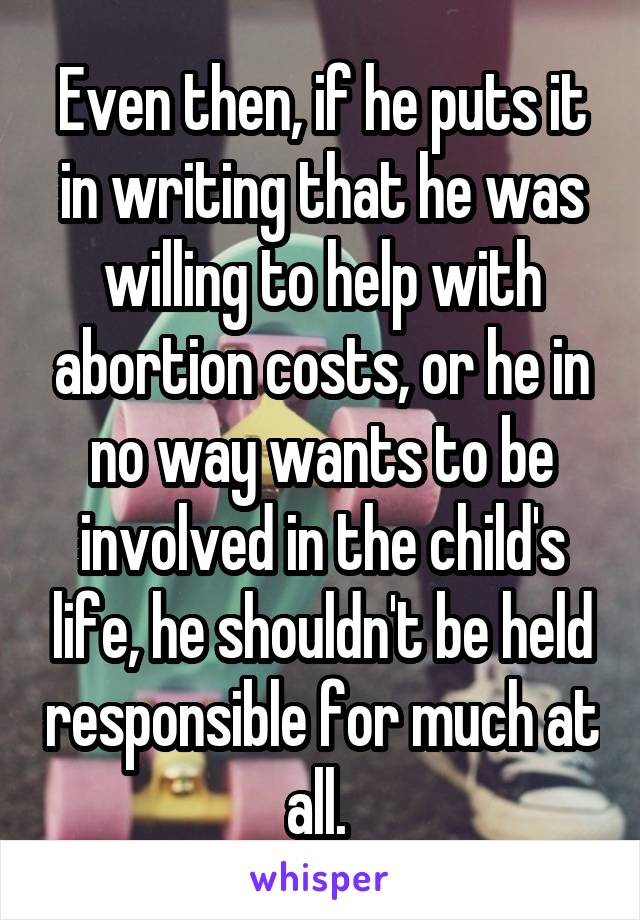 Even then, if he puts it in writing that he was willing to help with abortion costs, or he in no way wants to be involved in the child's life, he shouldn't be held responsible for much at all. 