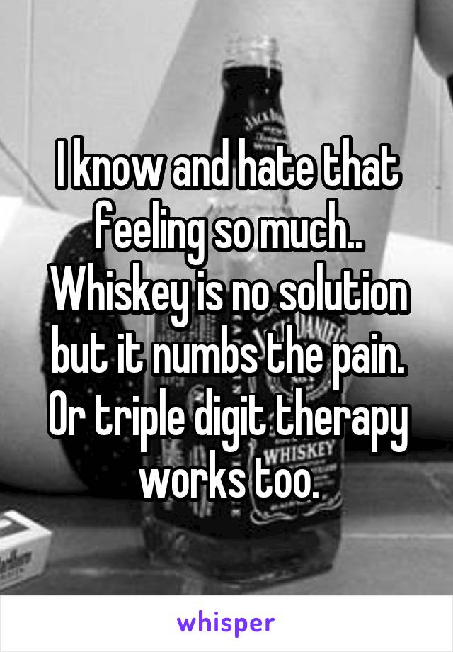 I know and hate that feeling so much.. Whiskey is no solution but it numbs the pain. Or triple digit therapy works too.