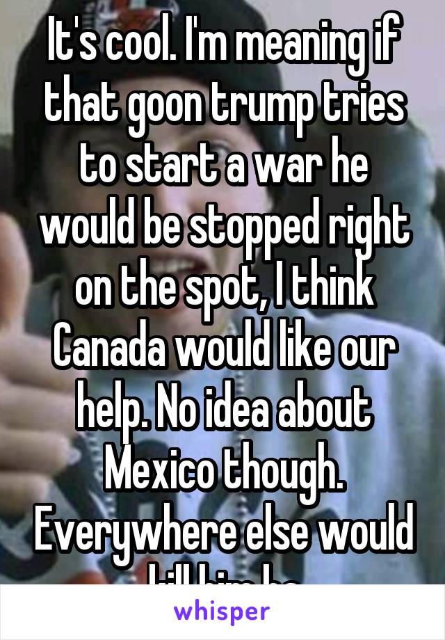 It's cool. I'm meaning if that goon trump tries to start a war he would be stopped right on the spot, I think Canada would like our help. No idea about Mexico though. Everywhere else would kill him ha